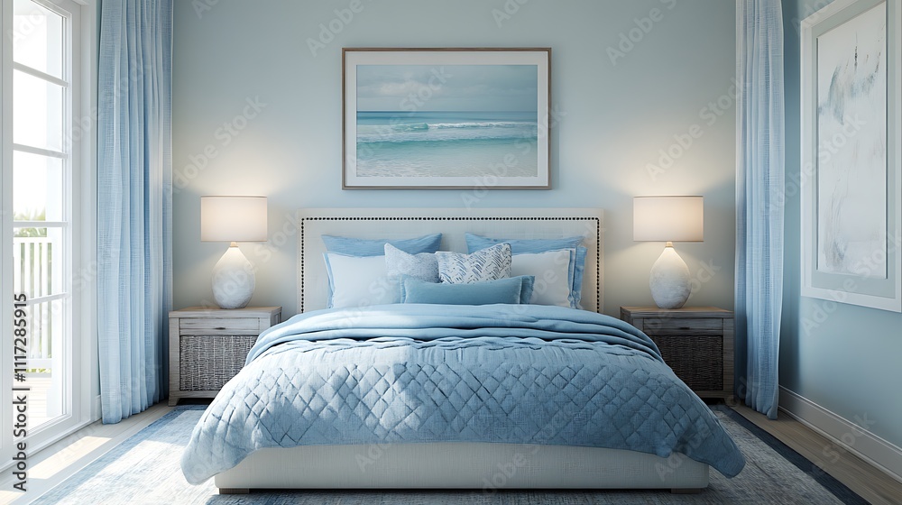 Fototapeta premium Calm coastal retreat serene bedroom interior perspective