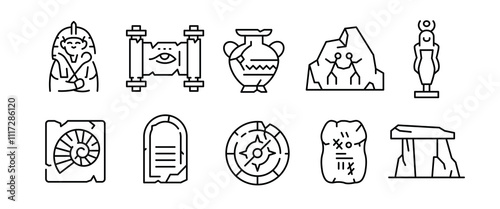 Antique icons. Set of 10 Antique trendy minimal icons. Ionic Column, Vase, Greek Ship, table. Design signs for web page, mobile app, packaging design. Vector illustration