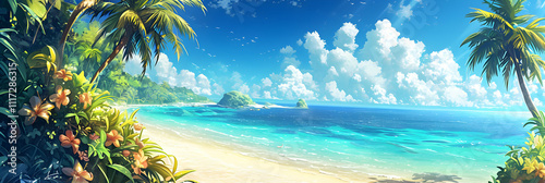 Tropical Beach Illustration with Palm Trees, Flowers, and Blue Sky