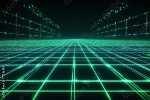 A futuristic grid landscape with glowing lines and a dark background.