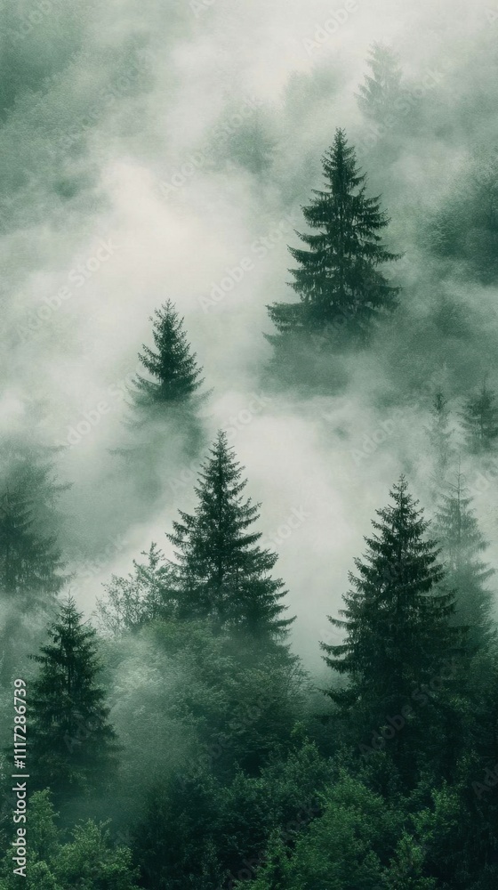 Misty forest scene with towering trees shrouded in fog. Misty forest scene with towering trees shrouded in fog.