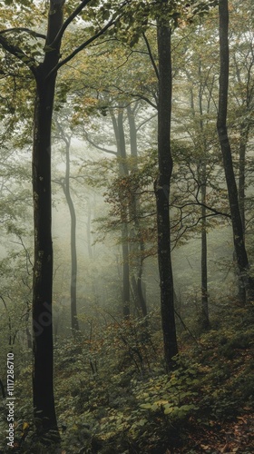 A serene forest shrouded in mist, showcasing nature's tranquility.