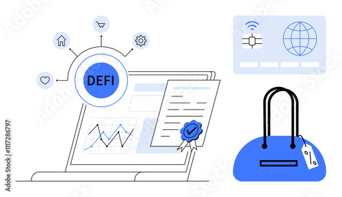 Laptop displaying decentralized finance DeFi data, smart contract with seal, credit card icon with chip and globe, blue shopping bag with price tag. Ideal for fintech, blockchain, e-commerce, digital