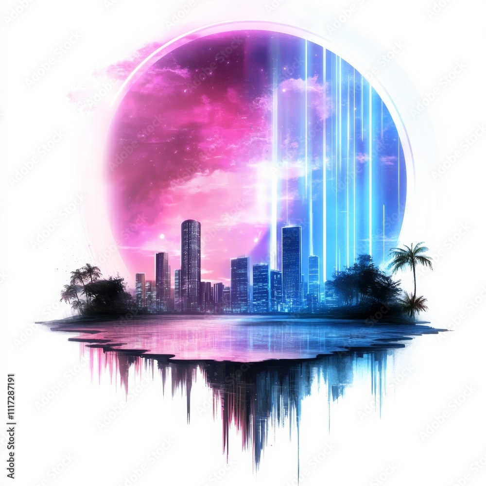 Fototapeta premium Futuristic Cityscape with Neon Lights and Palm Trees