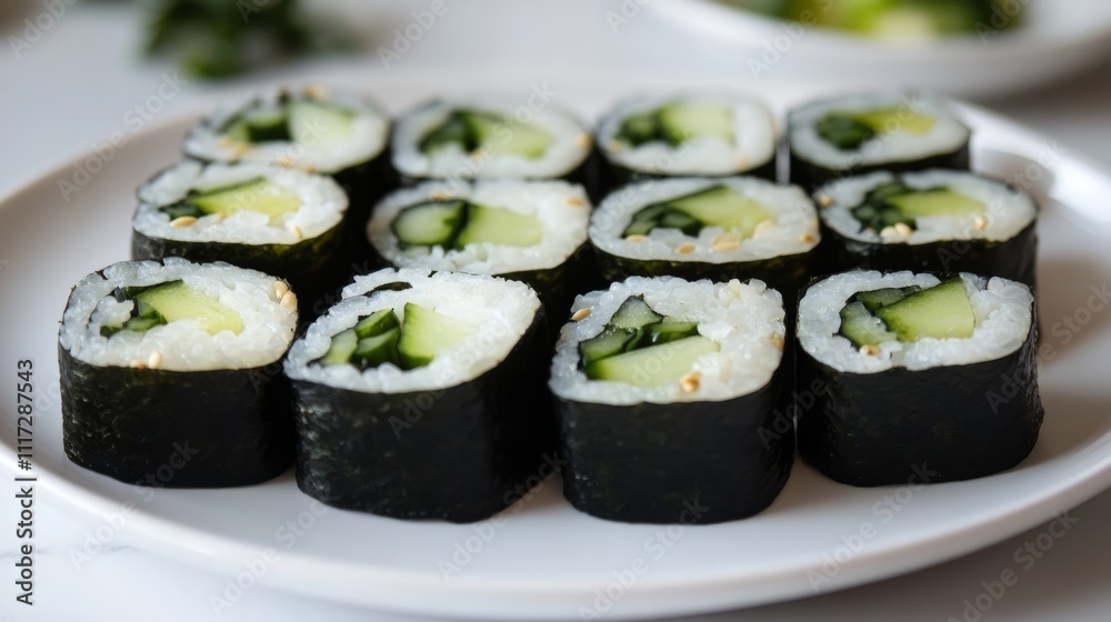 A neatly arranged plate of fresh sushi rolls
A neatly arranged plate of fresh sushi rolls