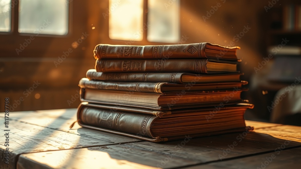 A stack of old leather-bound books sits on a wooden table bathed in soft sunlight, casting warm shadows and inviting readers to explore their stories. A stack of old leather-bound books sits on a wooden table bathed in soft sunlight, casting warm shadows and inviting readers to explore their stories.