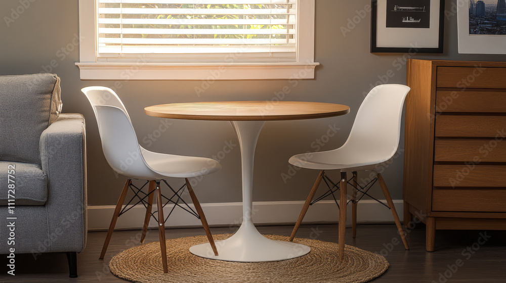 Fototapeta premium Modern dining area with stylish chairs and a round table near a sunny window