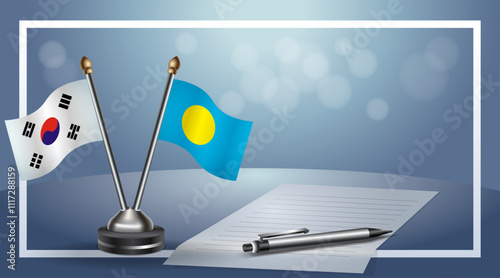South Korea and Palau Small national flag on bokeh background, cooperative relationship
