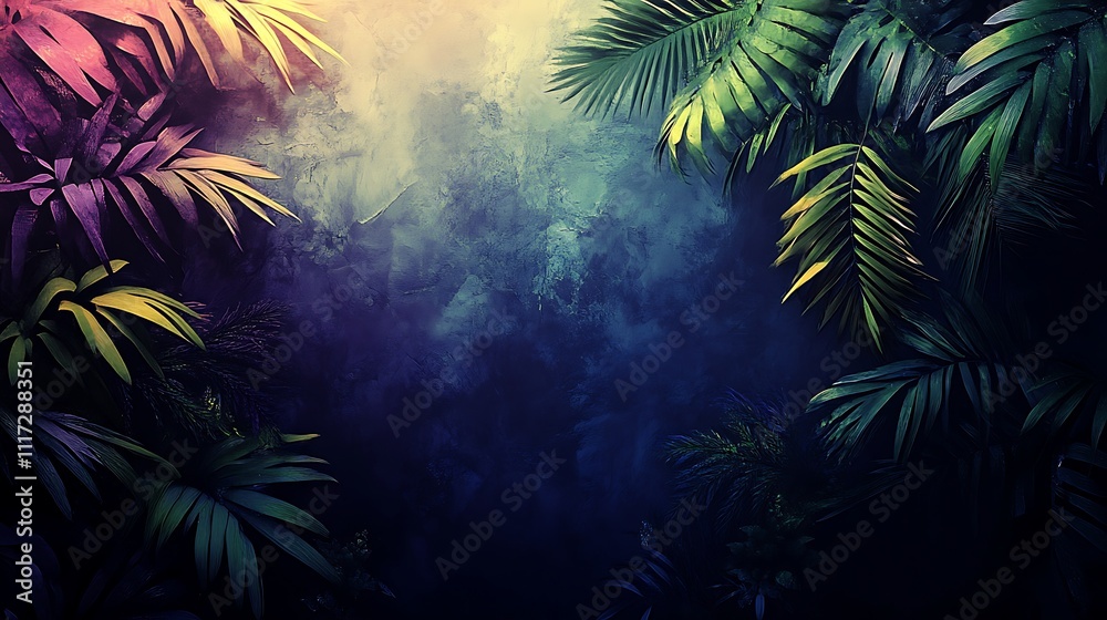 A dynamic tropical gradient transitioning from vibrant lime green into deep indigo, enriched with soft digital noise and glowing textures, evoking a lush, exotic atmosphere, hd digital artwork.