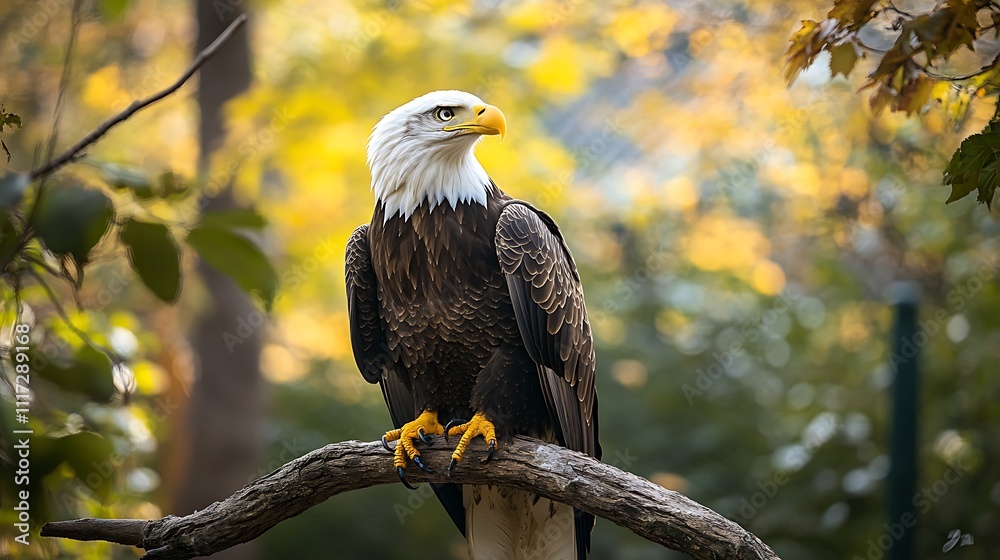 Majestic bald eagle perched on a branch, autumn foliage background. Majestic bald eagle perched on a branch, autumn foliage background.