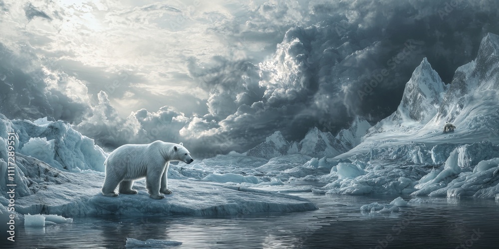 Naklejka premium Arctic Polar Bear on Melting Ice Floe Dramatic Cloudscape Climate Change