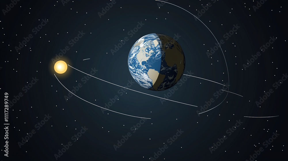 Naklejka premium Earth axis diagram illustration showing the tilt of the Earth's rotational axis relative to its orbital plane, explaining the cause of seasonal changes and the distribution of sunlight.