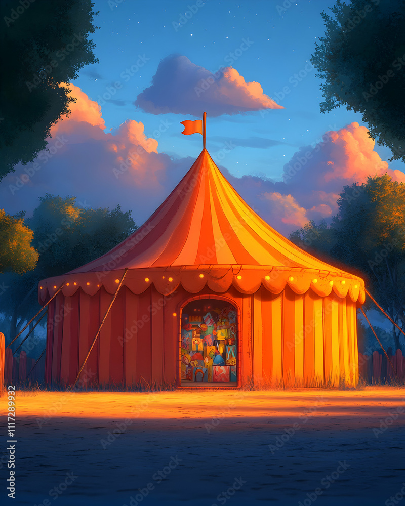 A whimsical circus tent at sunset, filled with colorful toys. A whimsical circus tent at sunset, filled with colorful toys.