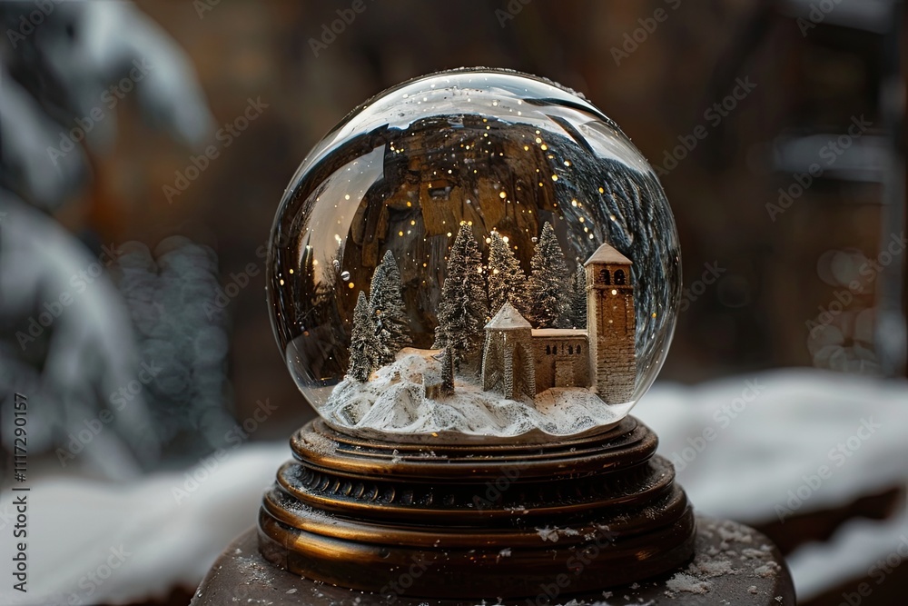 snow globe, inside with snowy landscape , New Year decor and festive atmosphere snow globe, inside with snowy landscape , New Year decor and festive atmosphere