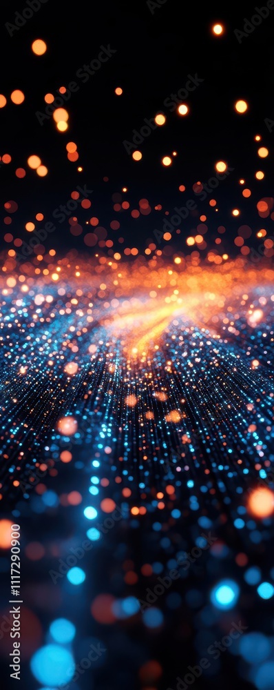 Bright tech particles emerge from a black void, forming complex digital patterns High contrast between light and shadow, glowing trails Wide frame, dynamic angle