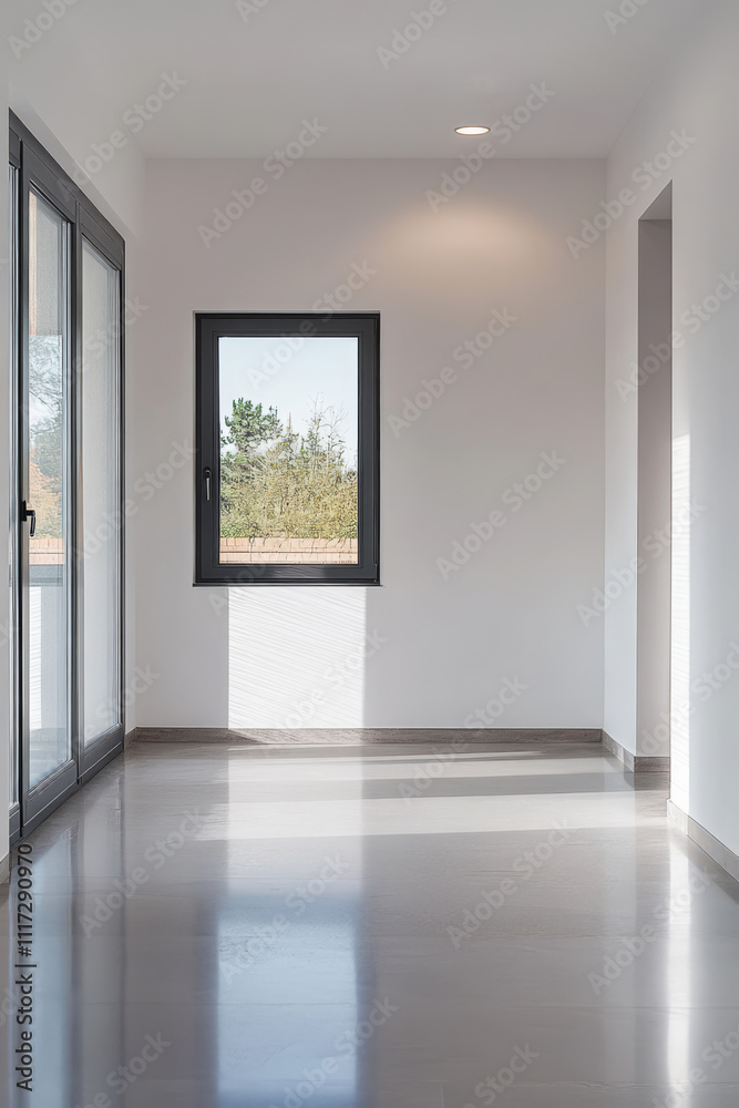 Fototapeta premium Bright and spacious hallway with large windows and polished floors in modern architecture