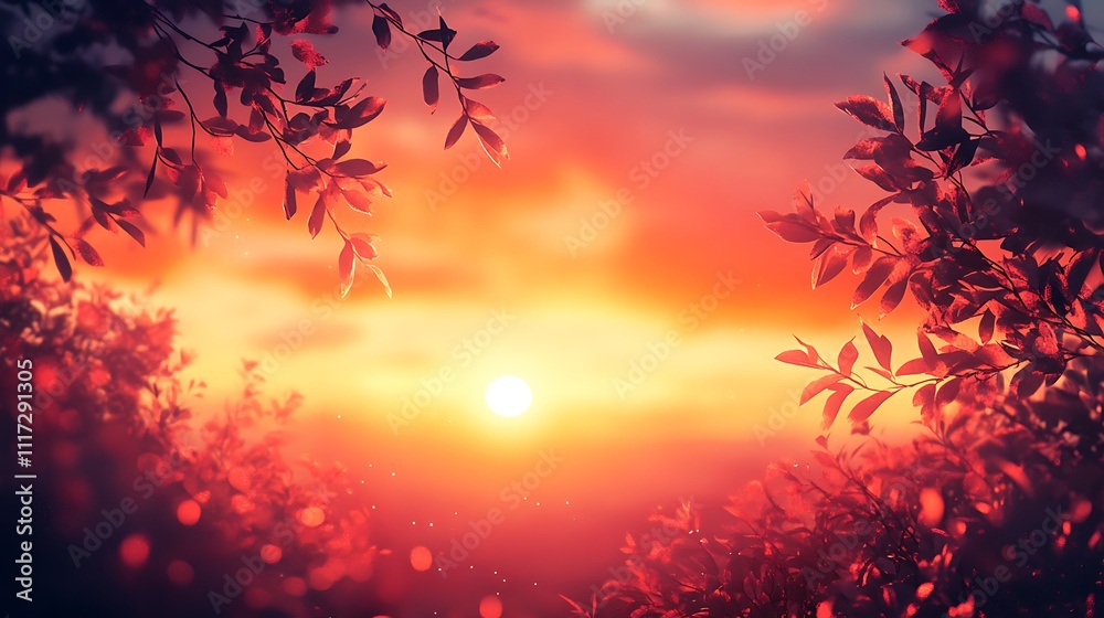 Fototapeta premium A luminous sunset gradient fading from fiery red-orange into gentle peach, layered with fine digital noise and soft glowing details, creating a warm and nostalgic feel, ultra hd quality. --ar 16:9