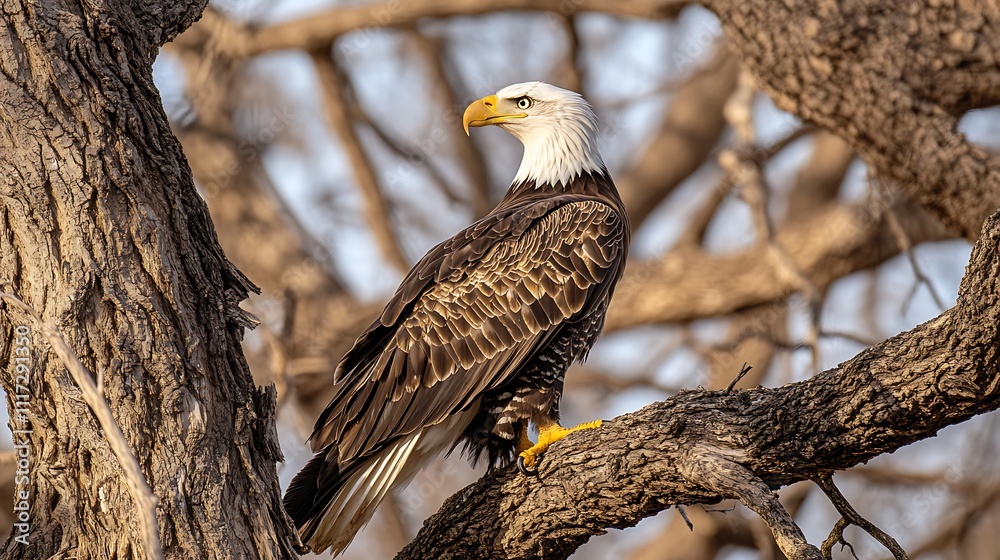 Majestic bald eagle perched on a tree branch, looking to the right. Majestic bald eagle perched on a tree branch, looking to the right.