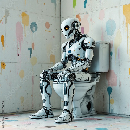 A futuristic robot sitting on a toilet, blending humor and technology in a unique concept, perfect for creative, tech, or futuristic-themed projects.