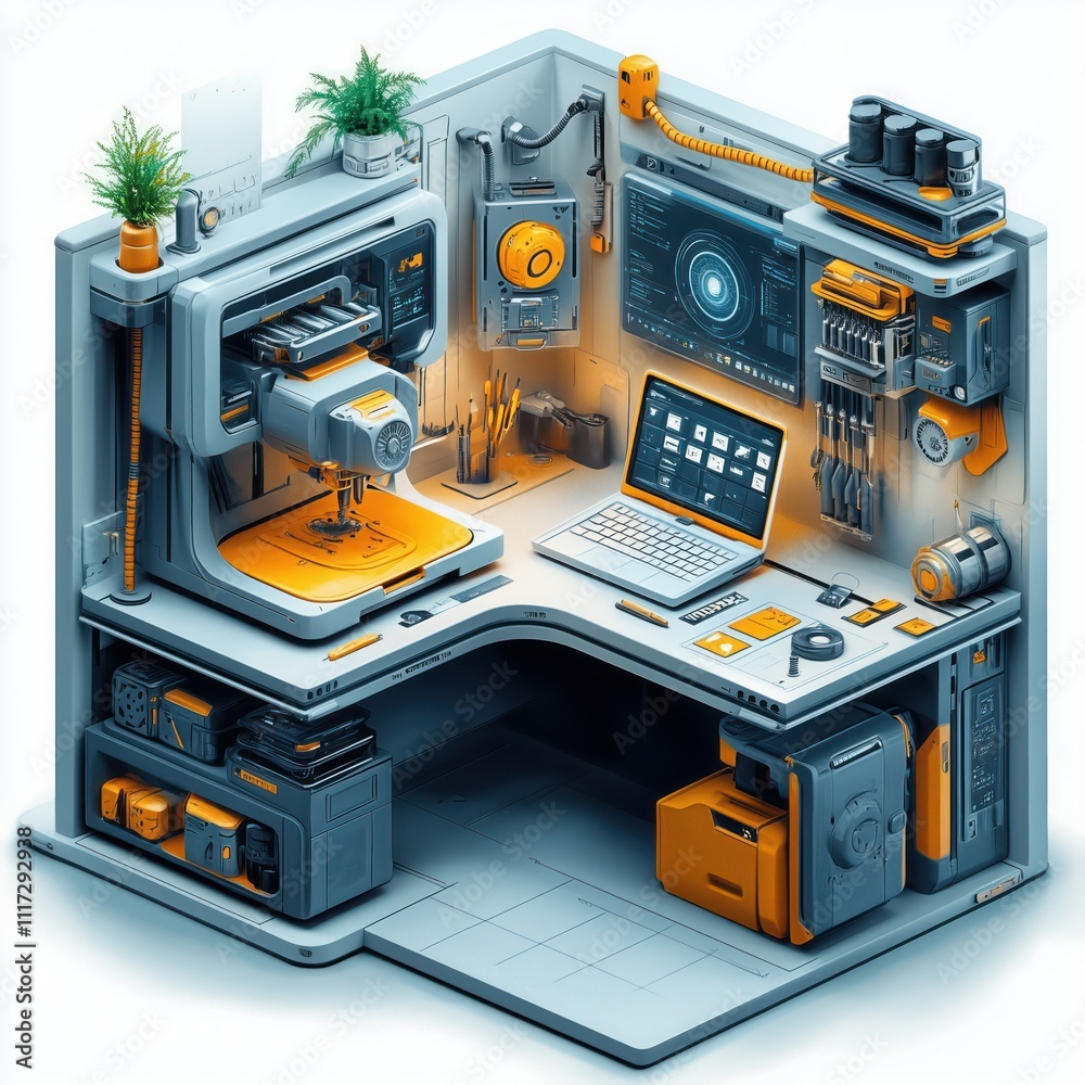 3D maker workshop with printer and laptop in an isometric view 3D maker workshop with printer and laptop in an isometric view