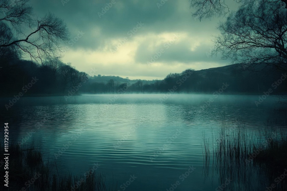 Serene lake scene shrouded in mist, evoking tranquility and mystery.