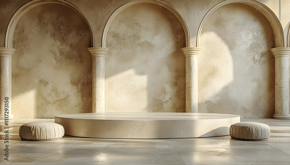 Fototapeta premium Elegant beige podium in arched hall.