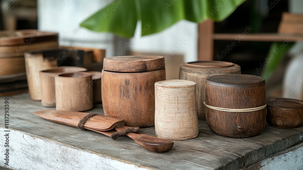 A collection of wooden tools handcrafted from bamboo, displayed on a rustic workbench A collection of wooden tools handcrafted from bamboo, displayed on a rustic workbench