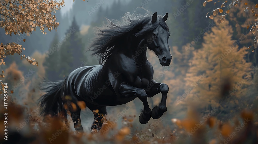 Majestic black stallion leaps through autumnal forest, mane and tail flowing. Majestic black stallion leaps through autumnal forest, mane and tail flowing.