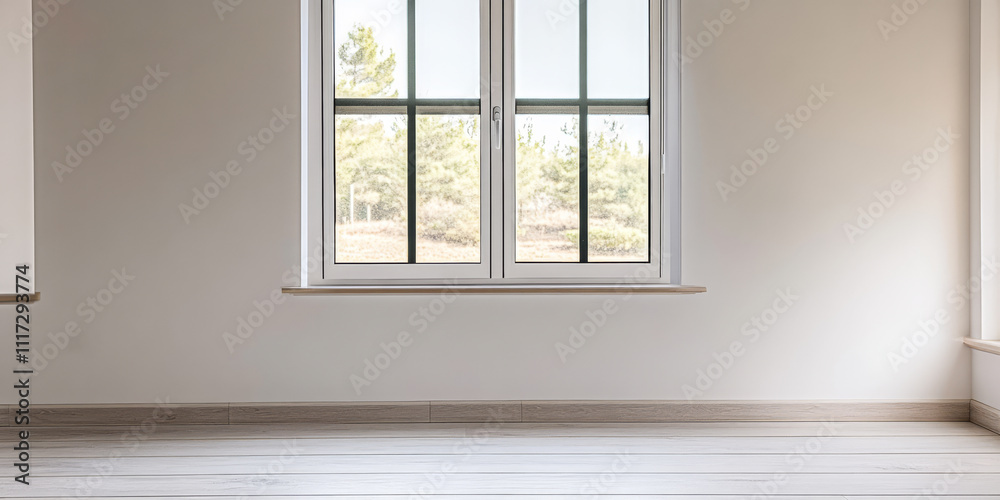 Bright and spacious empty room with large window offering nature views Bright and spacious empty room with large window offering nature views