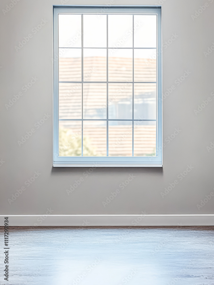 Fototapeta premium Bright indoor space with a large window showcasing an outside view of rooftops