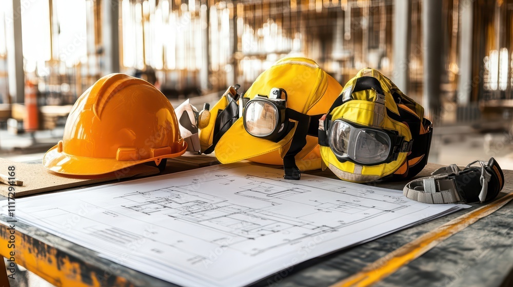 Construction helmets and plans on a worksite table. Construction helmets and plans on a worksite table.