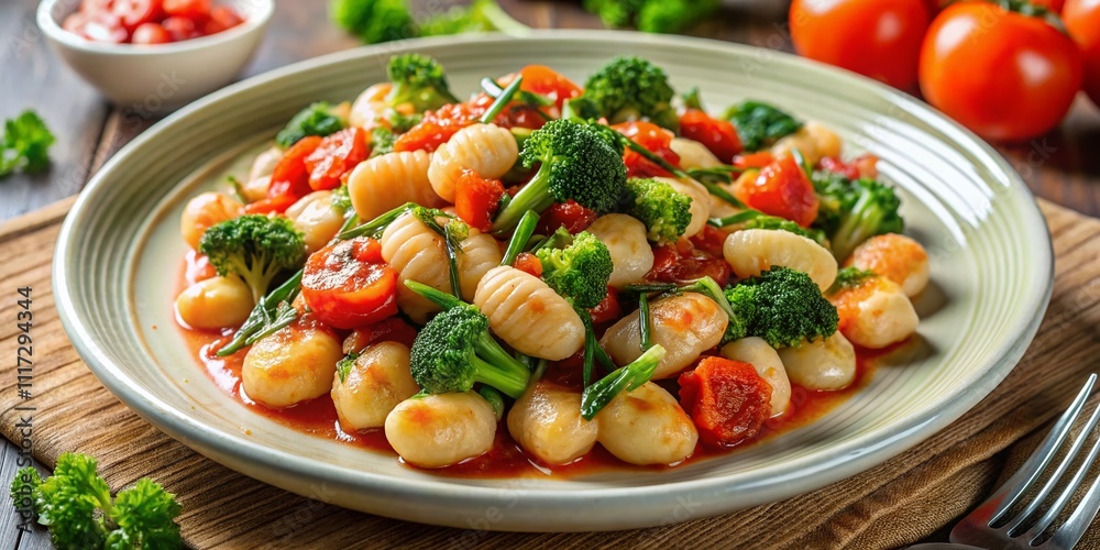 Aerial View Gnocchi with Tomato Sauce and Broccolini, Italian Dish, Gourmet Food, Restaurant, High Angle, Delicious Pasta Aerial View Gnocchi with Tomato Sauce and Broccolini, Italian Dish, Gourmet Food, Restaurant, High Angle, Delicious Pasta