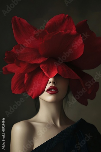 A striking high-fashion portrait featuring a woman adorned with a massive red flower, exuding elegance in a dimly lit setting. Generative AI