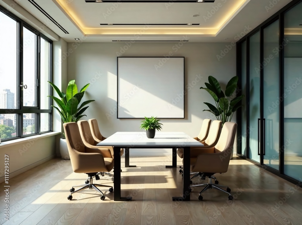 Fototapeta premium Beige Meeting Room, Professional, Modern, AI Photo, Office Space, Depth of Field