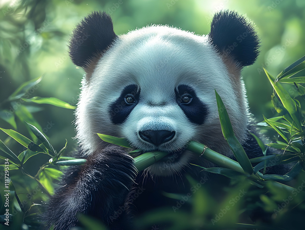 Fototapeta premium Adorable Panda Cub Eating Bamboo Illustration