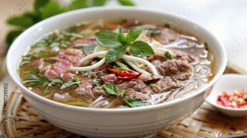 A bowl of pho with beef, herbs, and spices, showcasing Vietnamese cuisine.