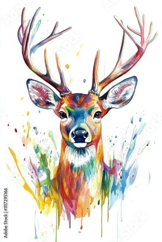 A vibrant watercolor painting of a deer displaying its majestic antlers amidst colorful splashes in nature. Generative AI photo