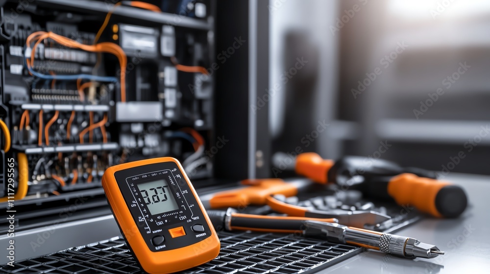 An electrician s multimeter and insulated tools on a grid mat, with an open electrical panel in the background An electrician s multimeter and insulated tools on a grid mat, with an open electrical panel in the background