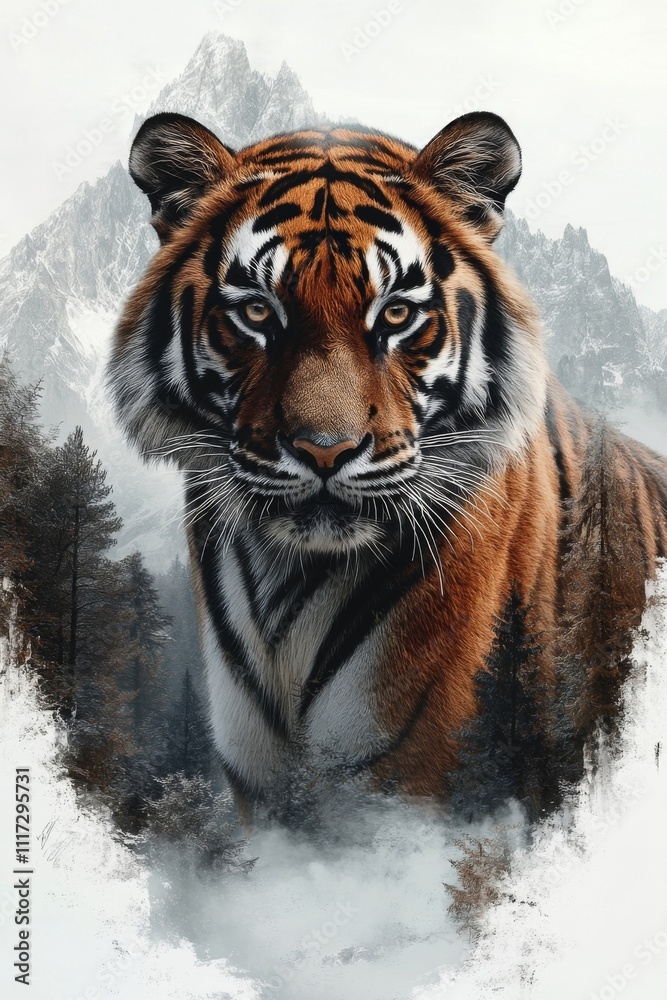 Obraz premium A majestic tiger emerges from misty mountains, showcasing its powerful presence in a serene, natural landscape during dawn. Generative AI