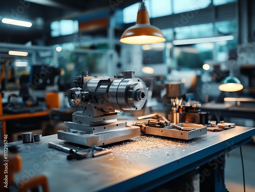 An overhead view of a metal lathe, with shavings scattered across its surface, illuminated by workshop lights photo