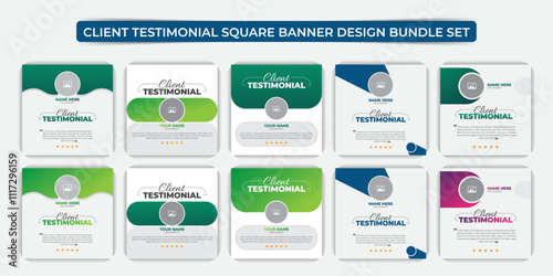 Creative and modern client testimonials social media post banner design template bundle, Square size colorful layout. unique and creative testimonial reviews section layout template, 5 set package.
