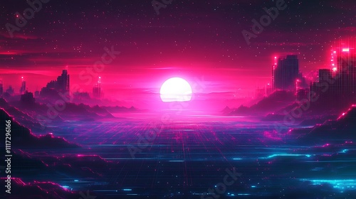 A seamless gradient blending bold neon blue into hot pink, overlaid with pixelated textures and glowing highlights for a retro 80s synthwave vibe, ultra hd resolution. --ar 16:9