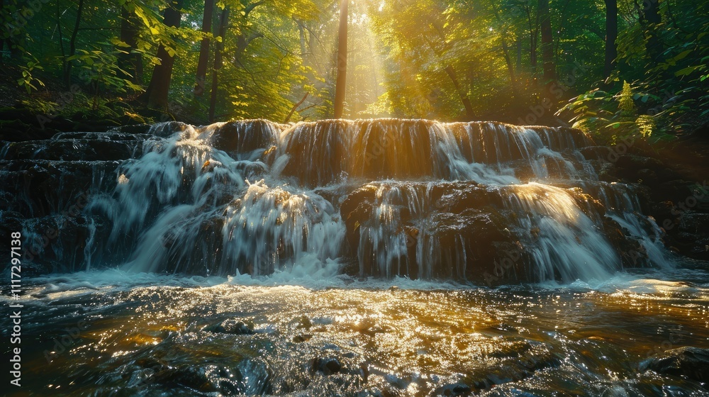 Fototapeta premium Sunlit cascading waterfall in lush green forest. (2)