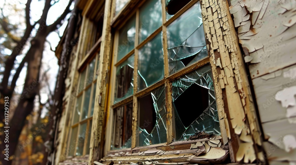 Close-up shot of a broken window in a bright and airy home, showing the realism and texture of the architecture. Close-up shot of a broken window in a bright and airy home, showing the realism and texture of the architecture.