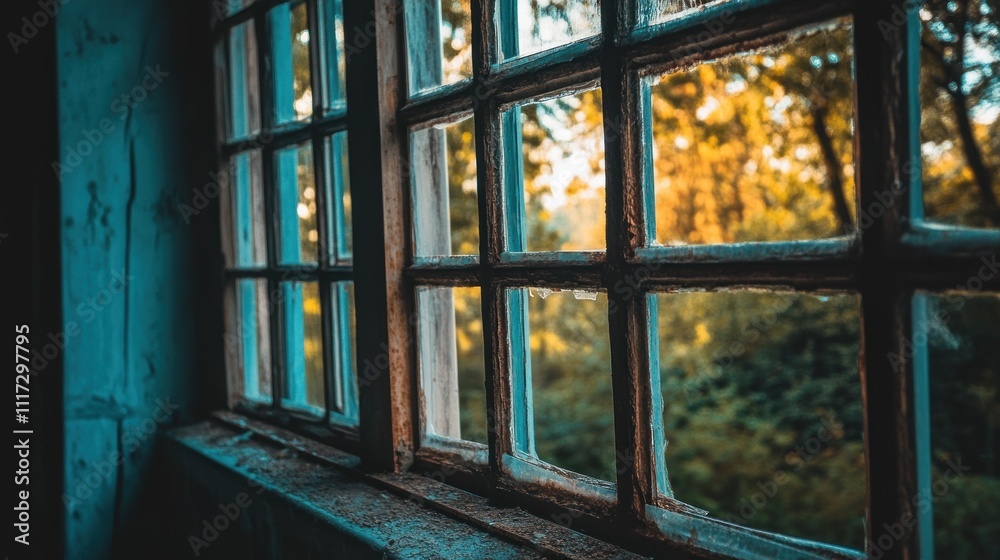 Old Window Pane Views Autumnal Treescape Old Window Pane Views Autumnal Treescape