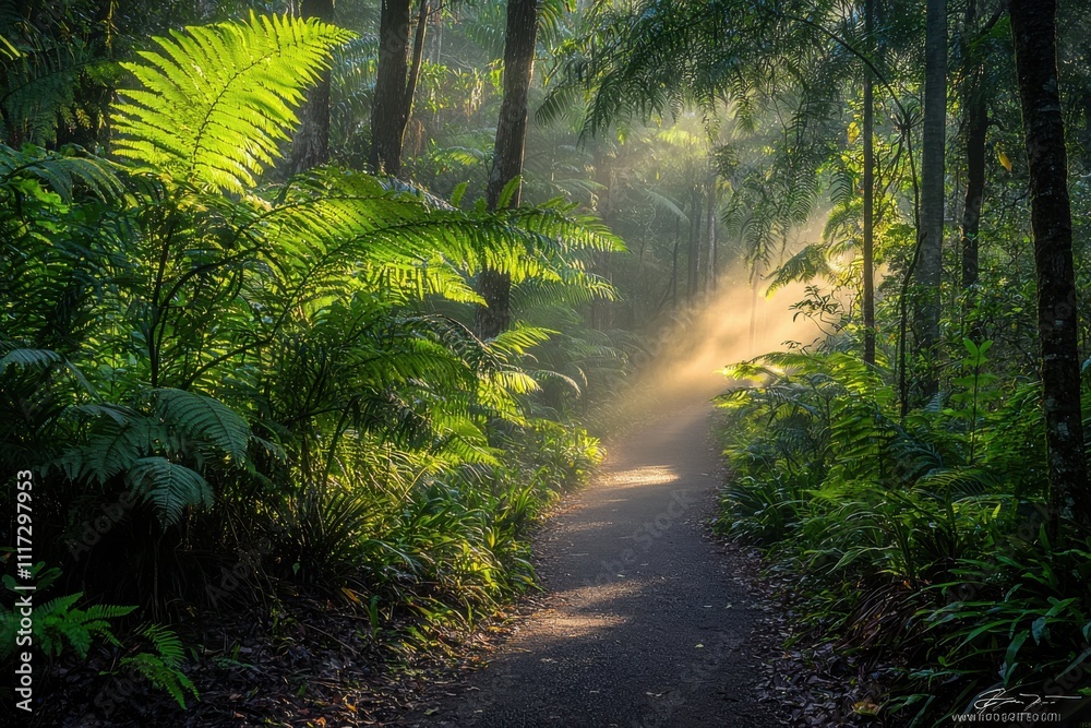 Fototapeta premium Sunlit misty path through lush green forest.
