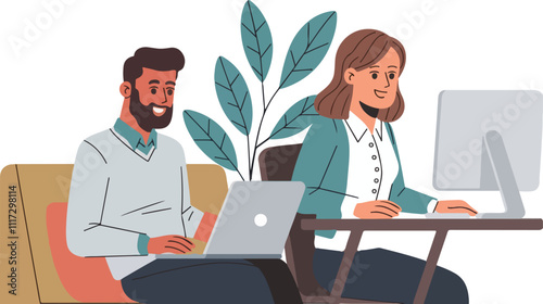 Productive Home Office Man And Woman Working