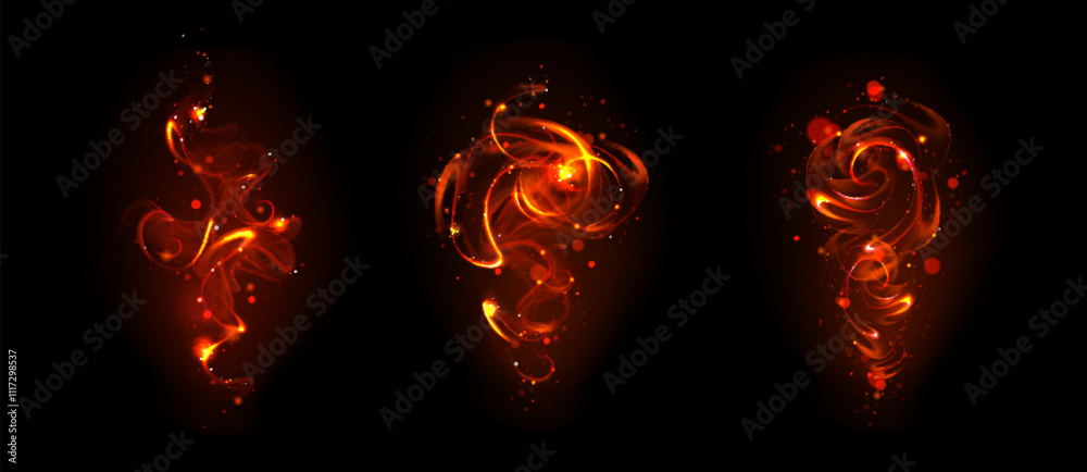 Red spell for magic wand effect with smoke vector. Neon swirl for wizard fire with glitter particle. Magician witchcraft twirl. Abstract miracle vortex trick. Flame energy with glow trail wave