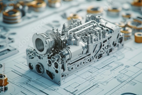 Intricate mechanical components on blueprint showcasing engineering excellence and innovation photo