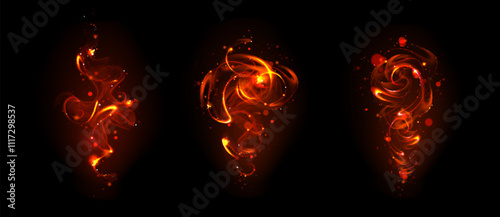 Red spell for magic wand effect with smoke vector. Neon swirl for wizard fire with glitter particle. Magician witchcraft twirl. Abstract miracle vortex trick. Flame energy with glow trail wave